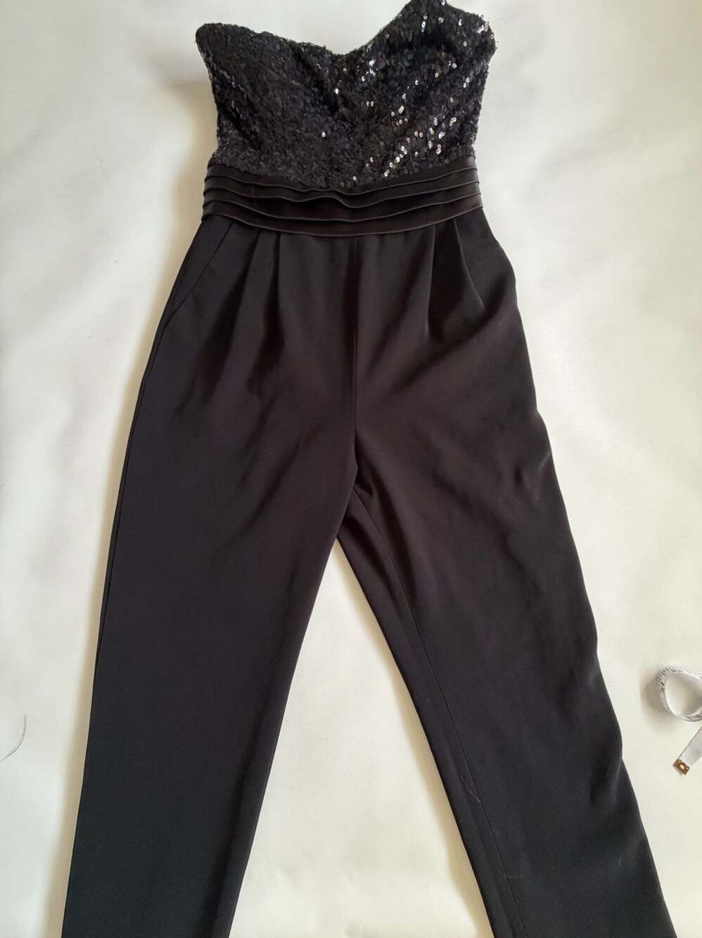 Badgley Mischka Jumpsuit Womens Black Strapless Sequin Satin Formal Wide Leg